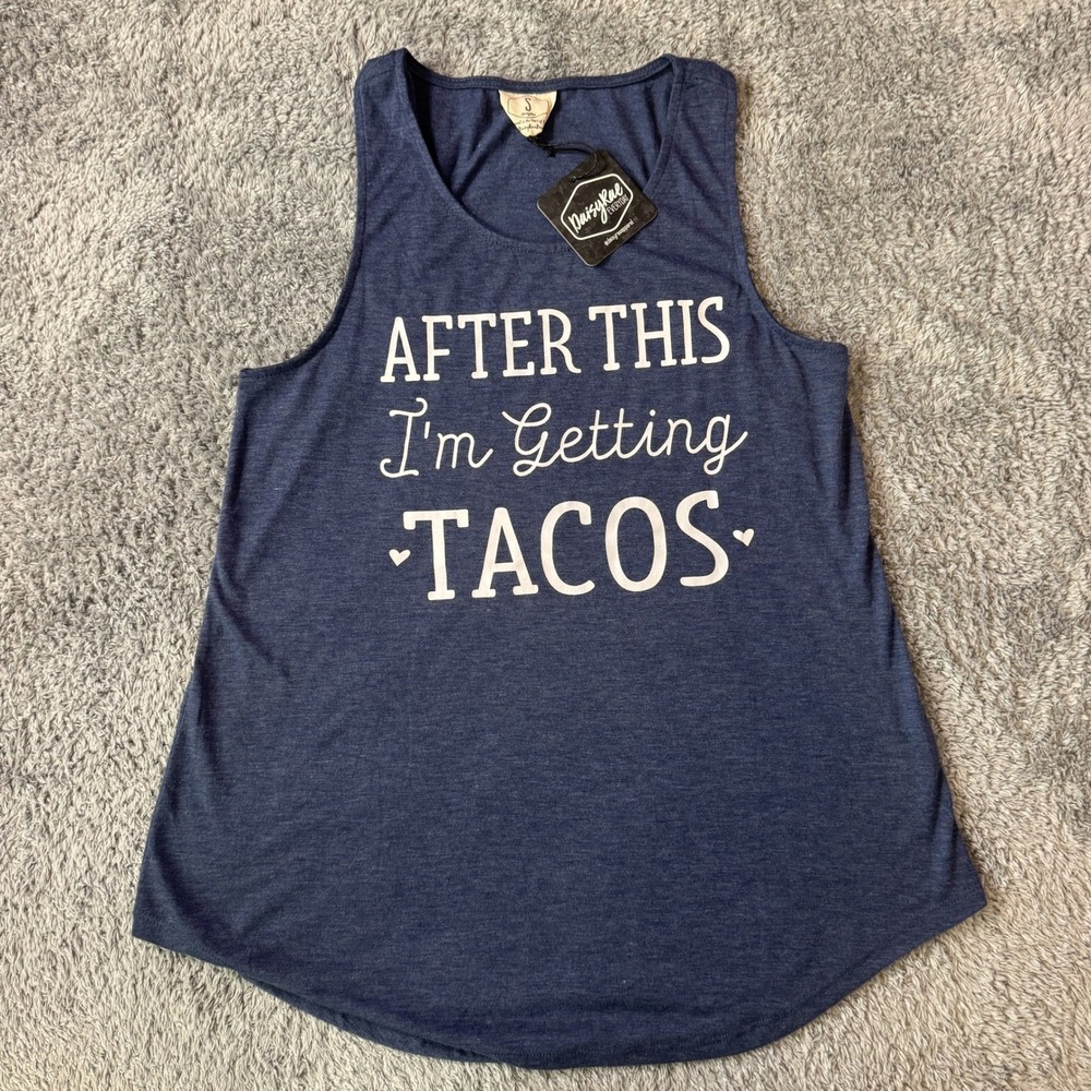 Daisy Rae Womens After This Im Getting Tacos Tank Top Small Navy Graphic Tee